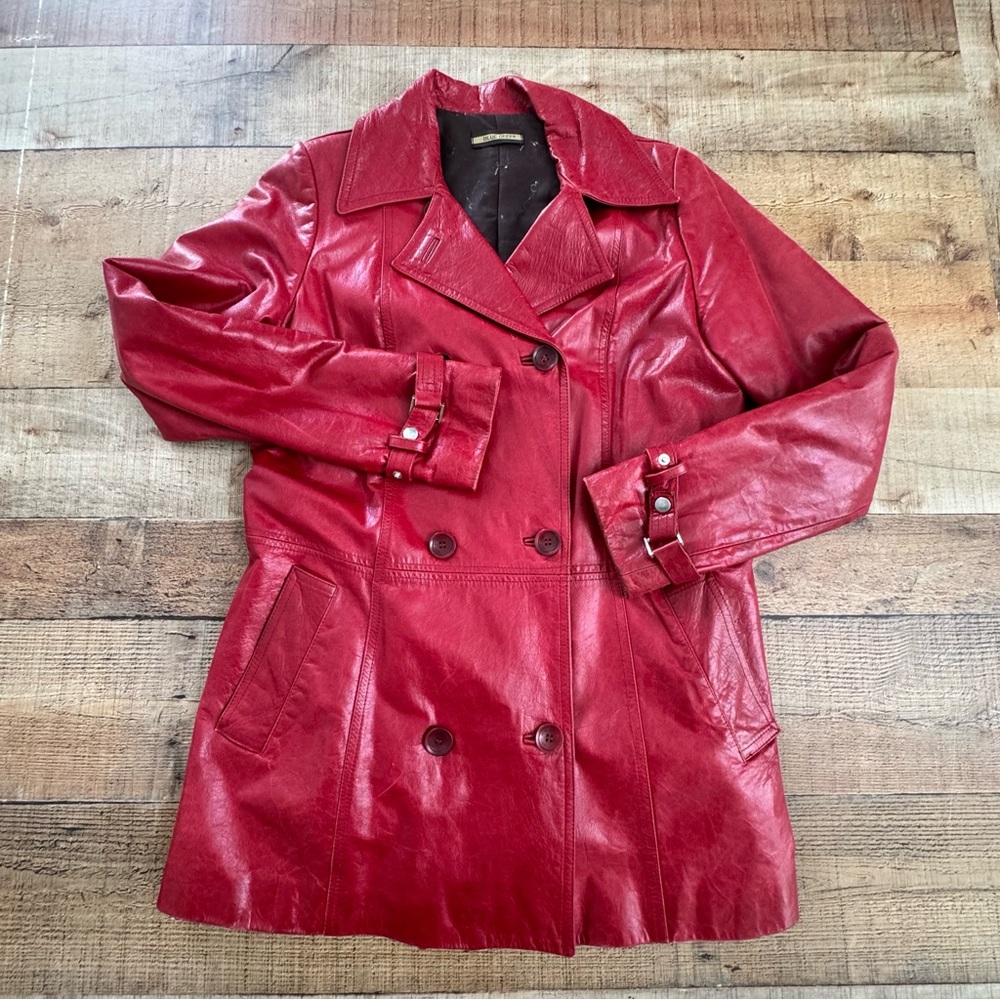 Double-Breasted Red Leather Trench Jacket MEDIUM - Picture 1 of 11